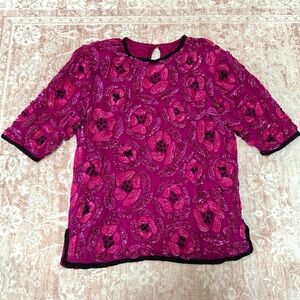 100% Silk Beaded Camellia Sequins Pink Vintage Top